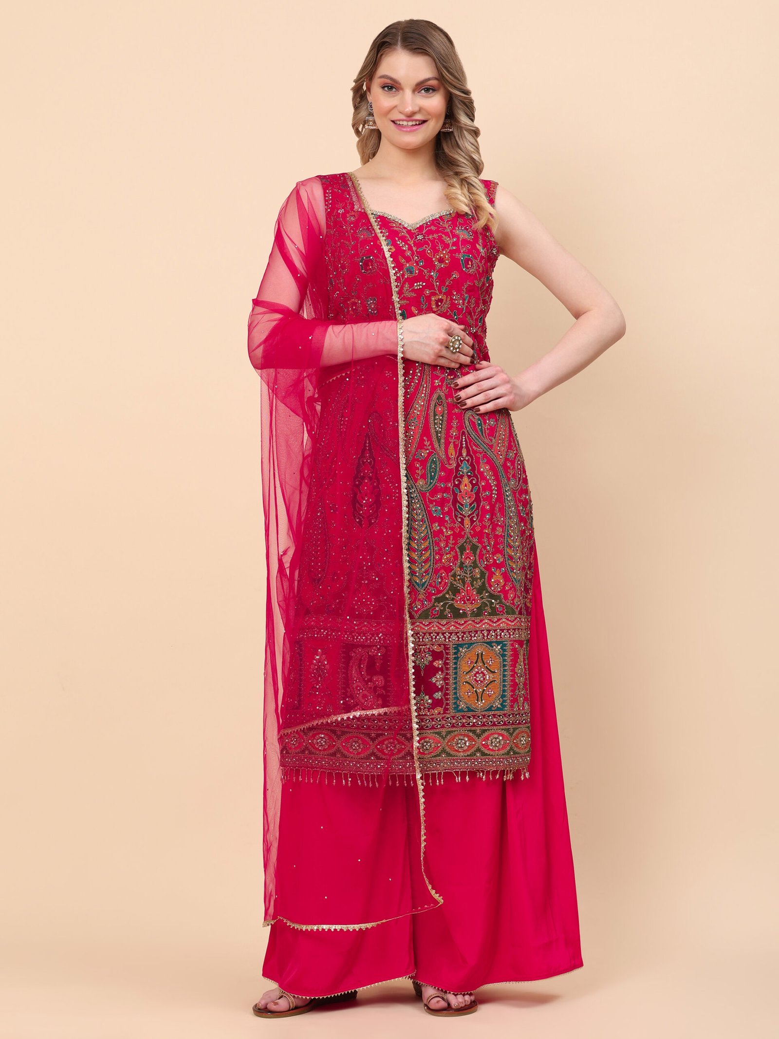 Raspberry Pink Royale Embroidered Kurta Sharara Set with Dupatta - Image 2