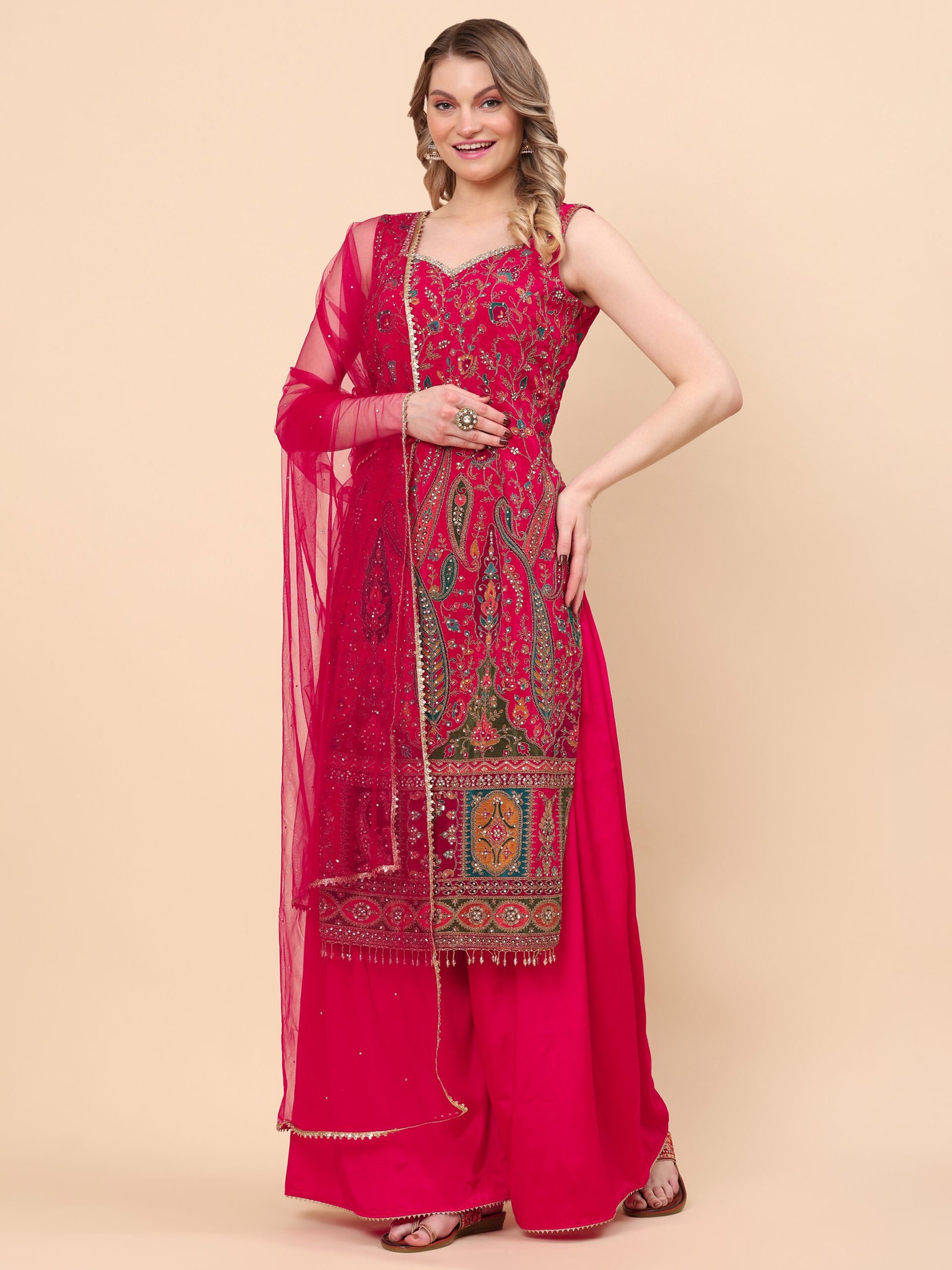 Raspberry Pink Royale Embroidered Kurta Sharara Set with Dupatta - Image 5