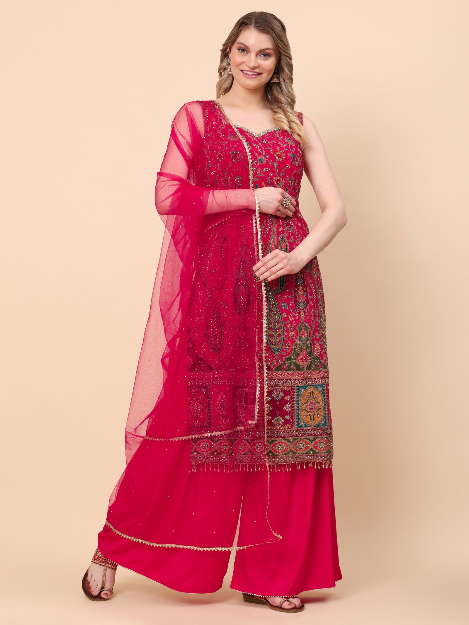 Raspberry Pink Royale Embroidered Kurta Sharara Set with Dupatta - Image 3