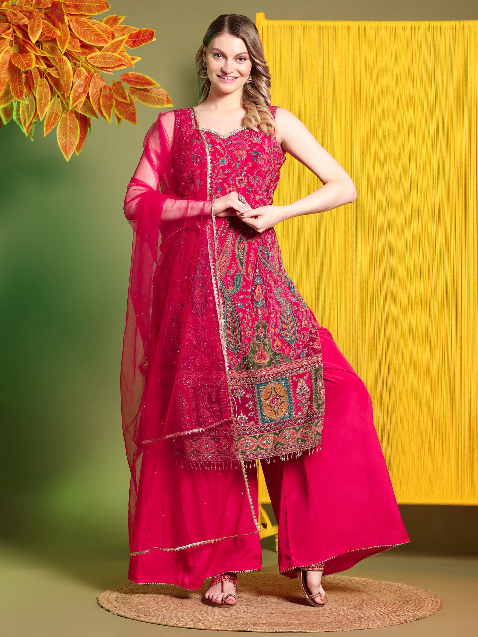 Raspberry Pink Royale Embroidered Kurta Sharara Set with Dupatta