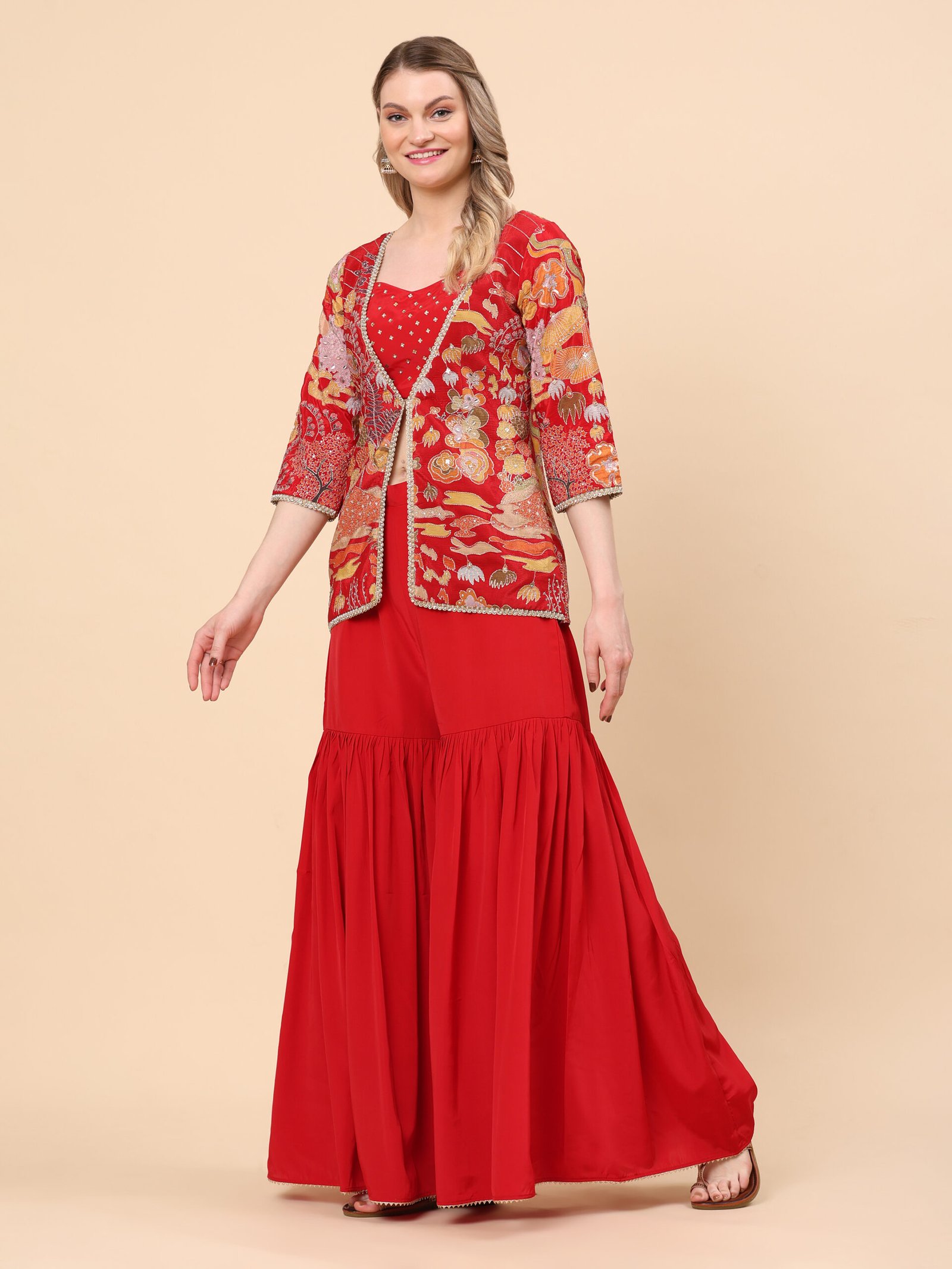 Scarlet Bloom Printed Jacket and Sharara Set - Image 3