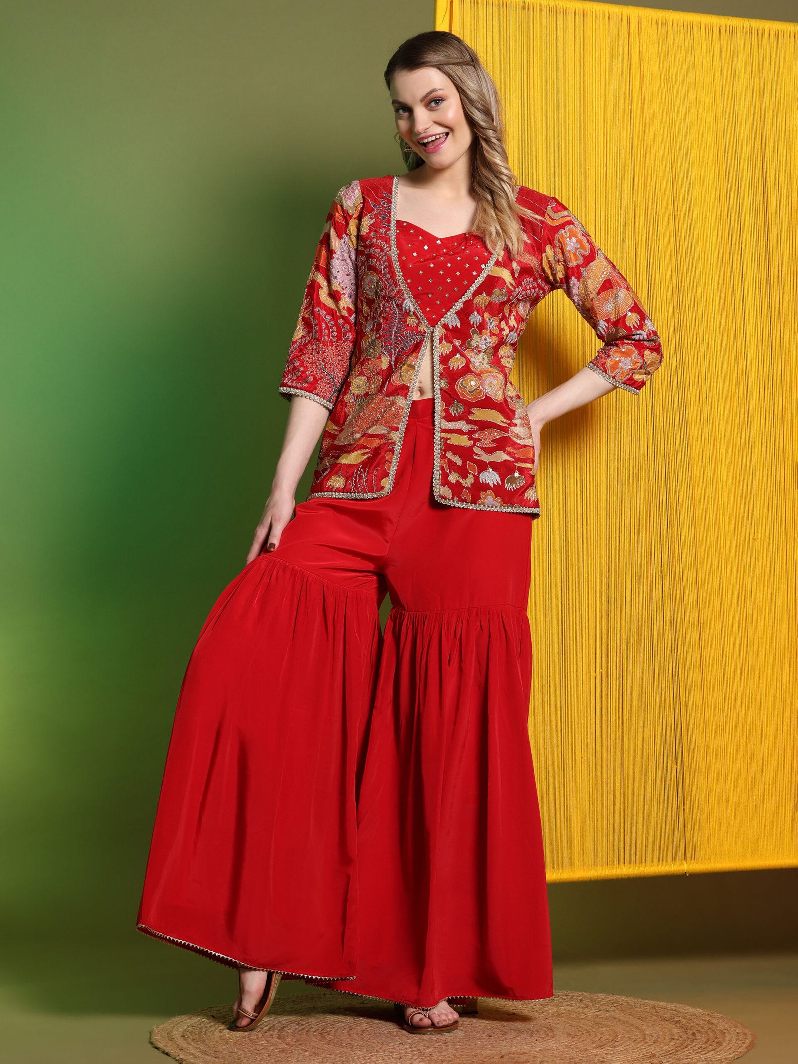Scarlet Bloom Printed Jacket and Sharara Set