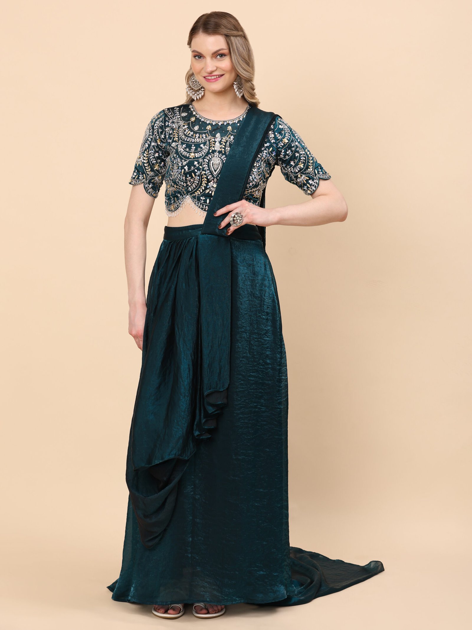 Emerald Majesty Embellished Pre-Draped Saree Set - Image 3