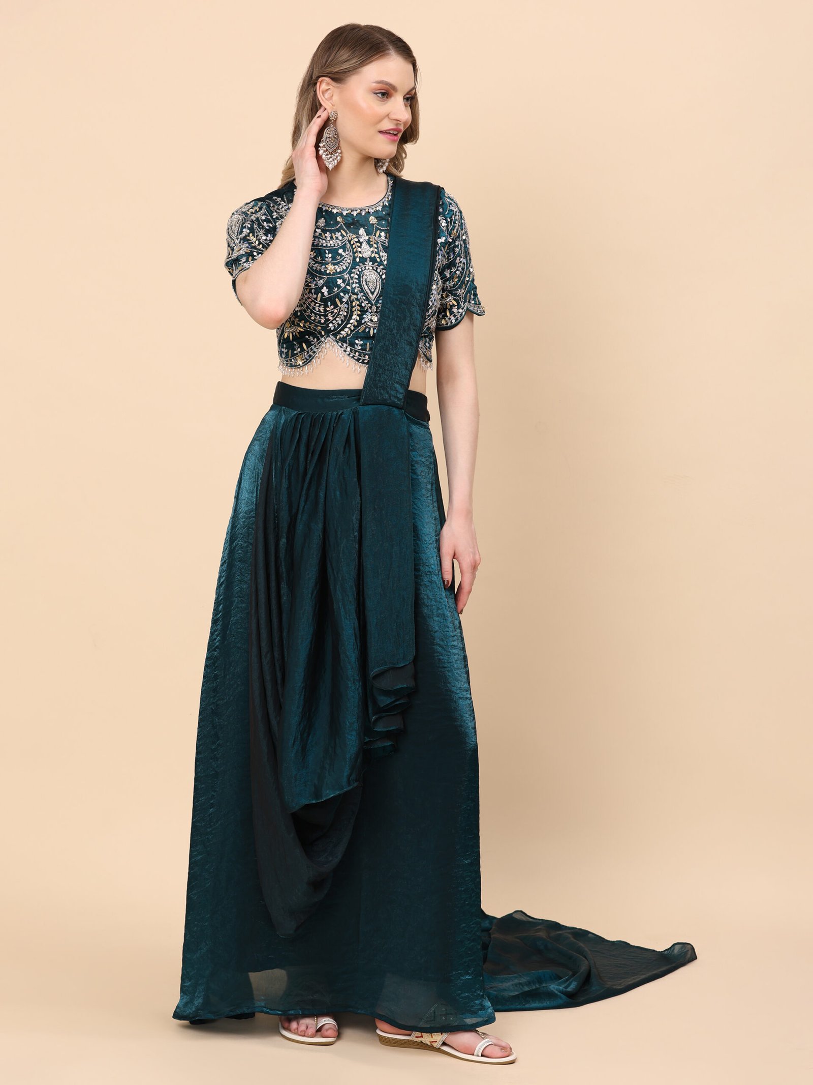 Emerald Majesty Embellished Pre-Draped Saree Set - Image 2