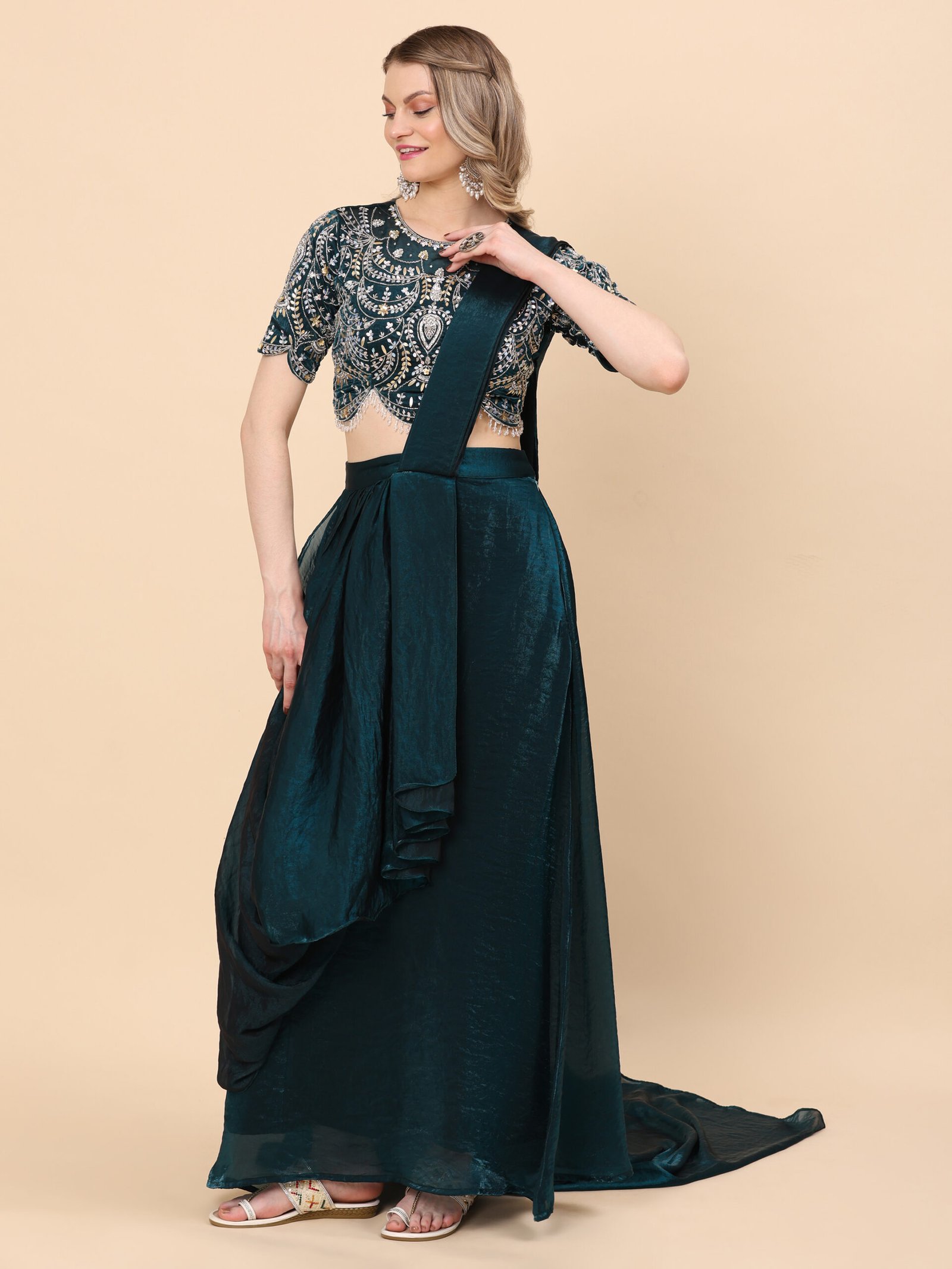 Emerald Majesty Embellished Pre-Draped Saree Set - Image 4