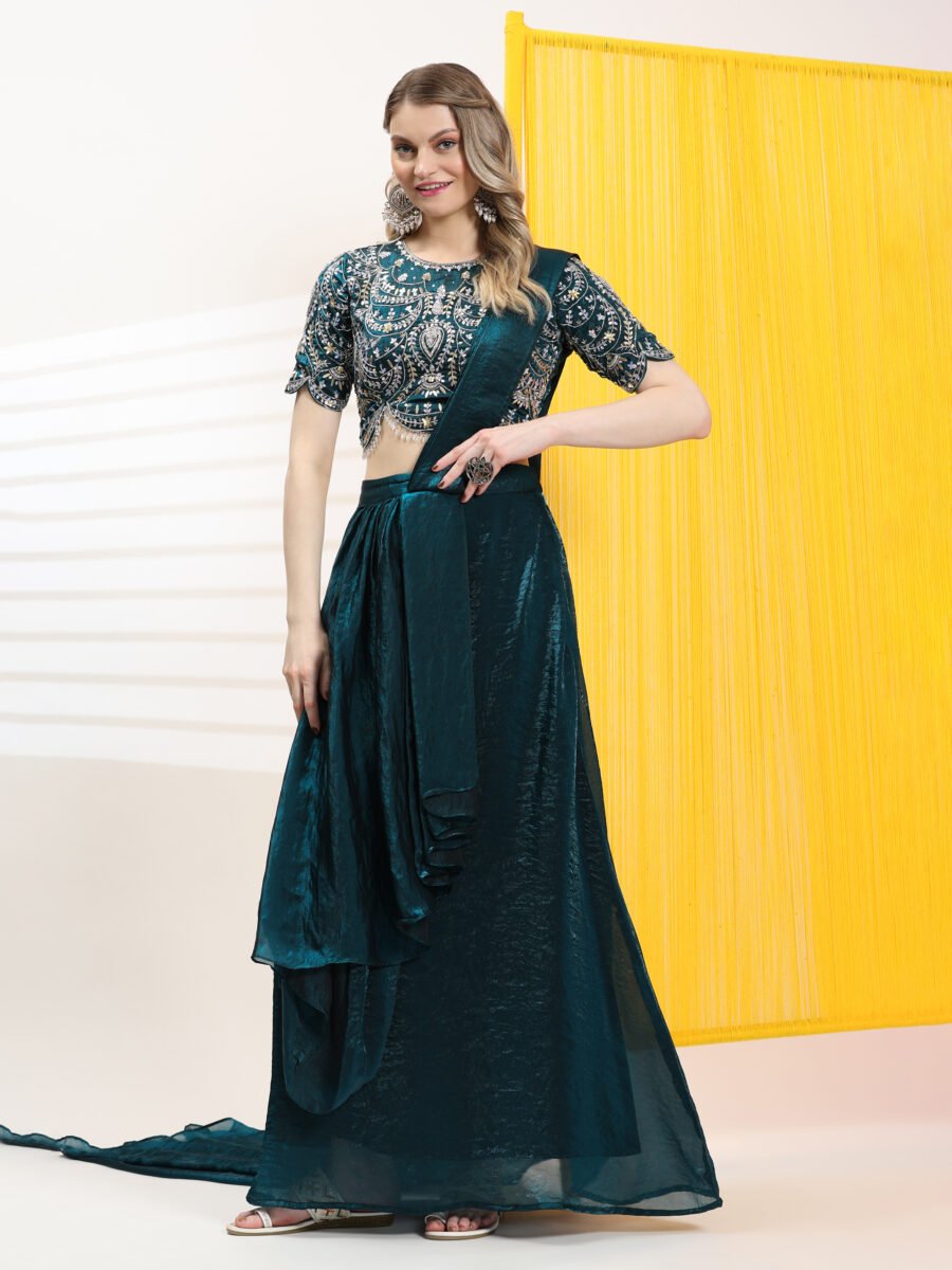 Emerald Majesty Embellished Pre-Draped Saree Set