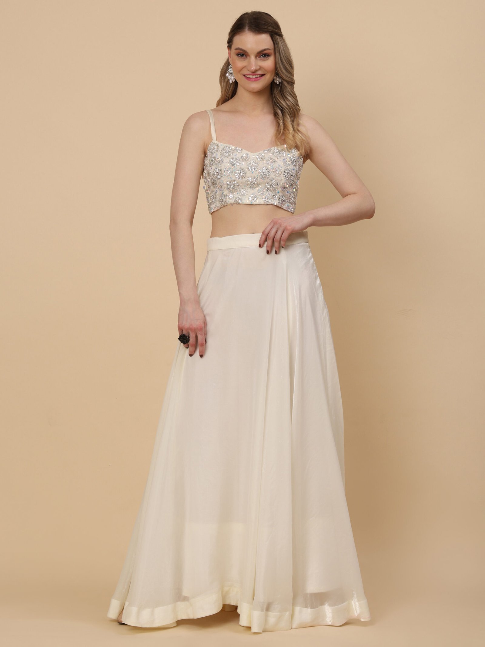 Ivory Elegance Embellished Crop Top Lehenga Set - Image 5