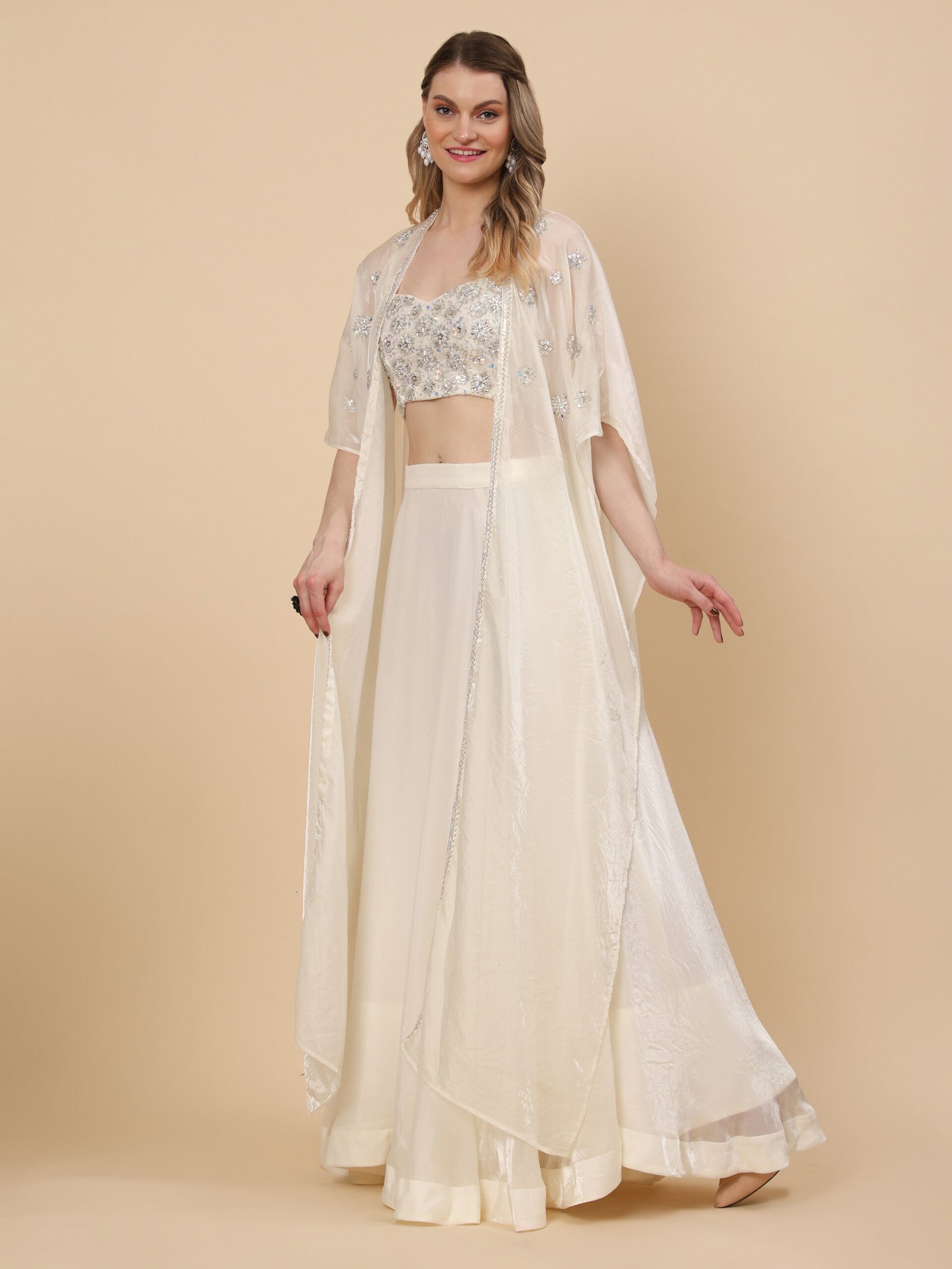 Ivory Elegance Embellished Crop Top Lehenga Set - Image 3