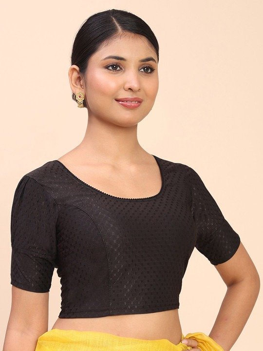 Women Self-Designed Round Neck Saree Black Blouse