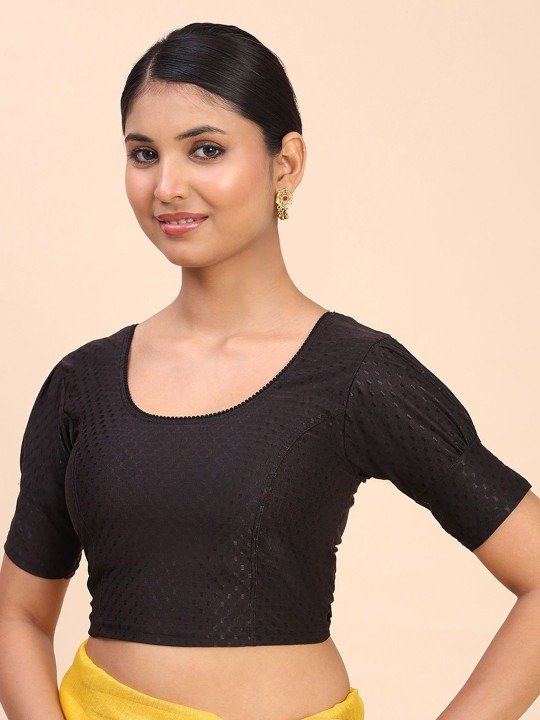 Women Self-Designed Round Neck Saree Black Blouse - Image 2