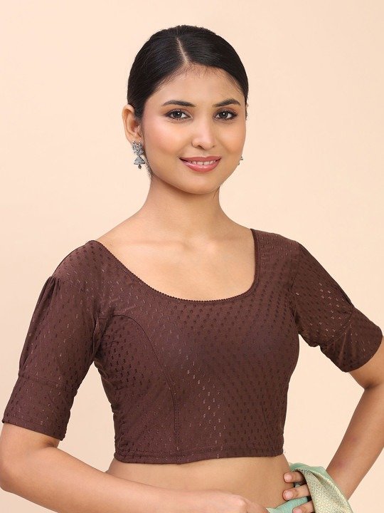 Women Round-Neck Stretchable Saree Brown Blouse