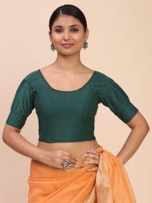 Women Round-Neck Puff Sleeve Saree Green Blouse