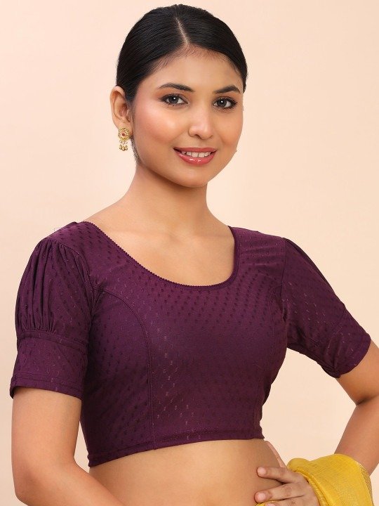 Women Woven Balloon Puff Sleeves Saree Wine Blouse - Image 3