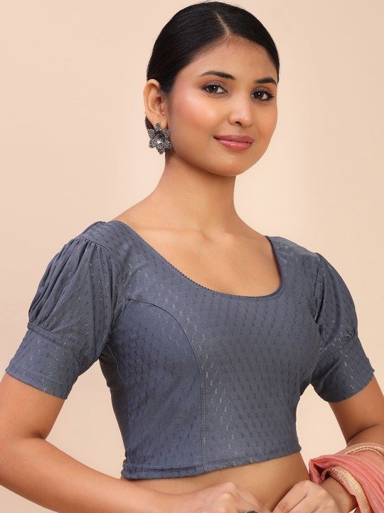 Self-Designed Round-Neck Saree Gray Blouse - Image 2