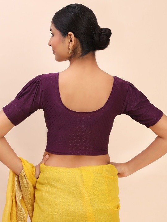 Women Woven Balloon Puff Sleeves Saree Wine Blouse - Image 4