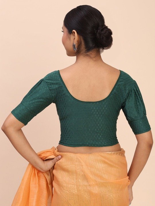 Women Round-Neck Puff Sleeve Saree Green Blouse - Image 5
