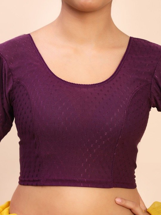 Women Woven Balloon Puff Sleeves Saree Wine Blouse - Image 5