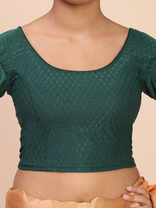 Women Round-Neck Puff Sleeve Saree Green Blouse - Image 2