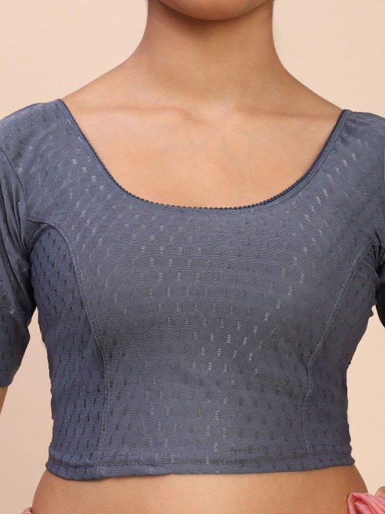 Self-Designed Round-Neck Saree Gray Blouse - Image 3