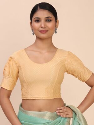 Round Neck Puff Sleeve Stretchable Ready to Wear Saree Cream Blouse