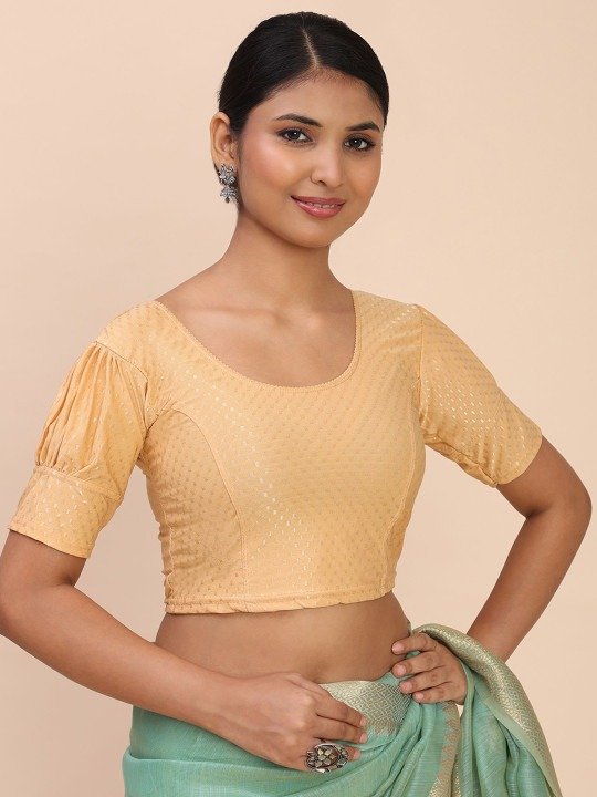 Round Neck Puff Sleeve Stretchable Ready to Wear Saree Cream Blouse - Image 5