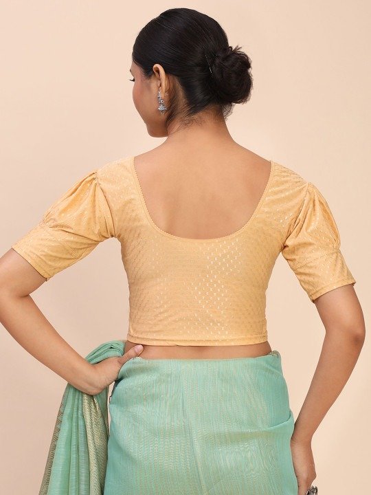 Round Neck Puff Sleeve Stretchable Ready to Wear Saree Cream Blouse - Image 3