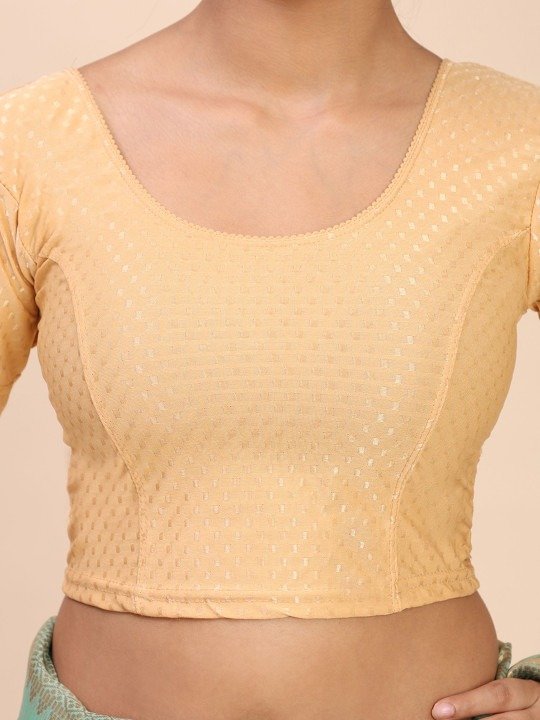 Round Neck Puff Sleeve Stretchable Ready to Wear Saree Cream Blouse - Image 4