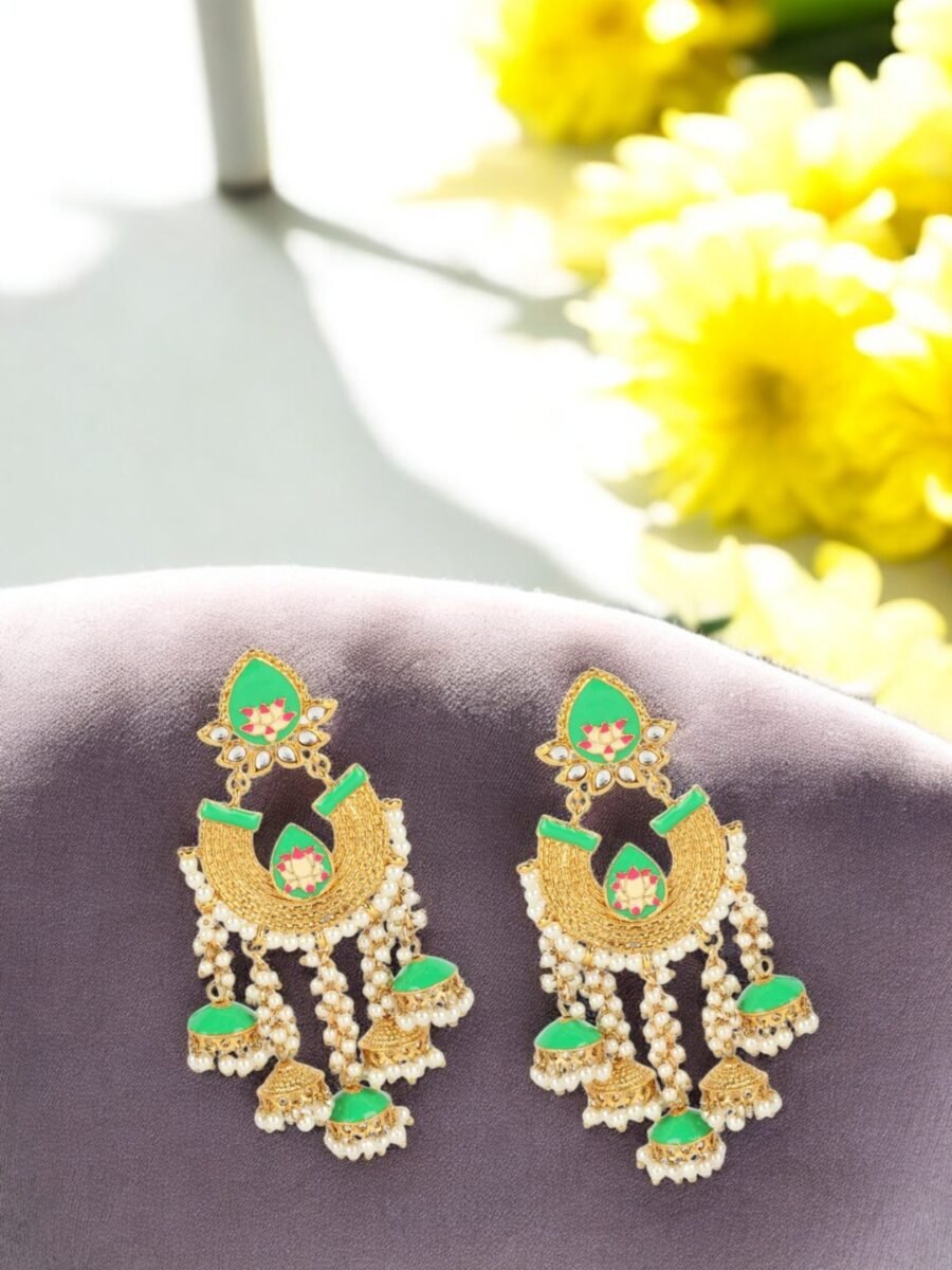 Traditional Gold plated Taselled Jhumki Meenakari Earring-Onesize-Green