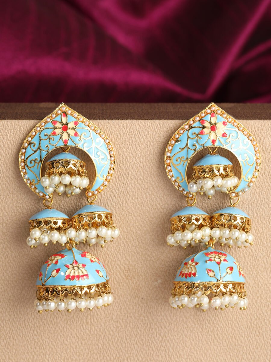 Traditional Gold plated Temple Jhumki Meenakari Earring-Onesize-Blue