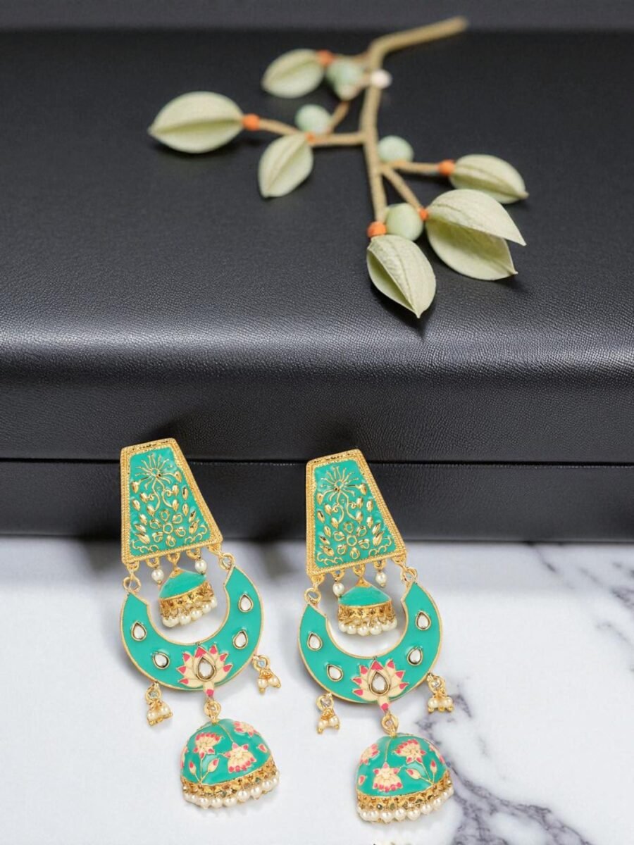 Gold Plated Traditional Designer Jhula Type Meenakari Earring-Onesize-Sea Green