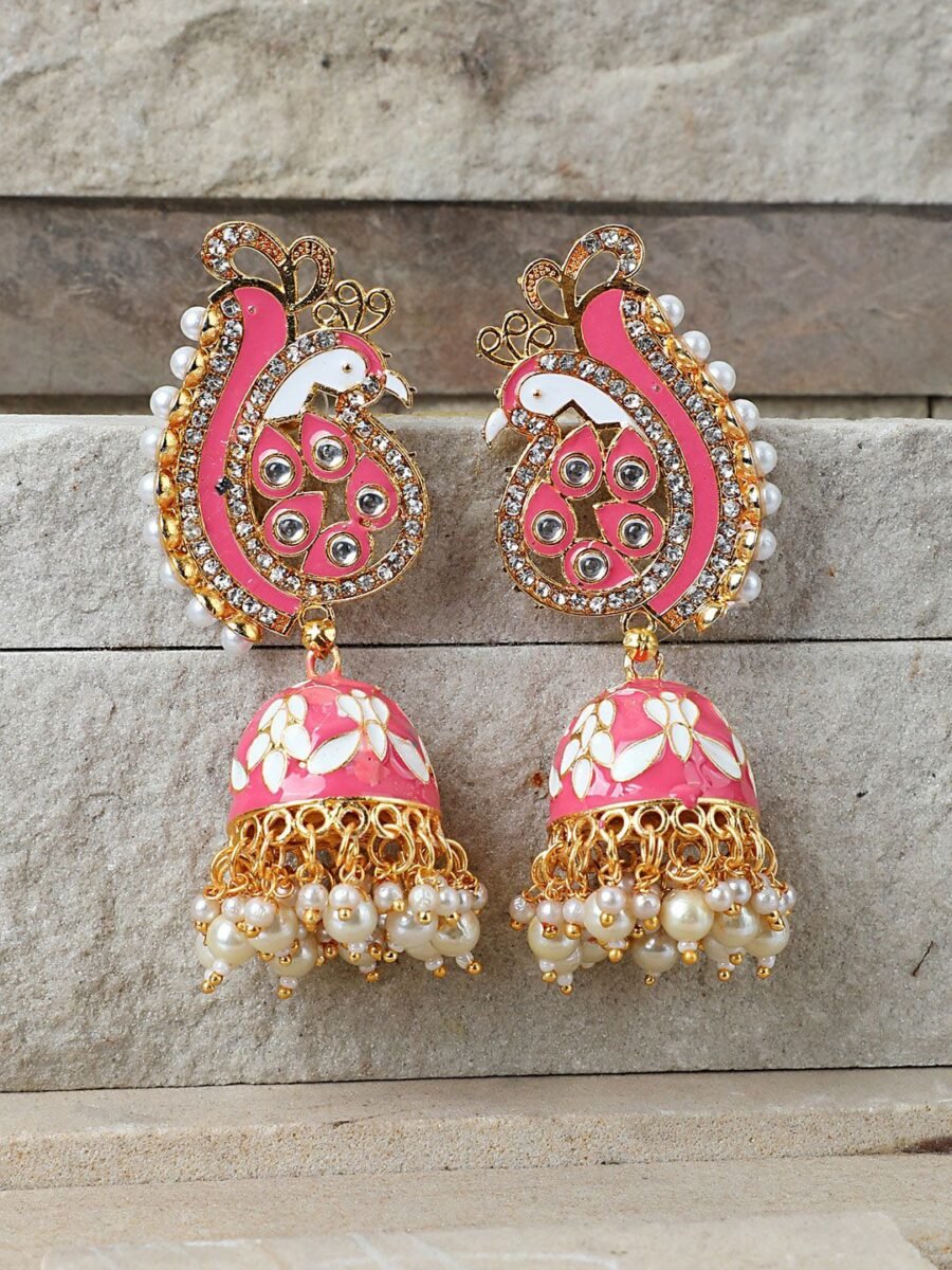 Pastel Pink Peacock Shaped Gold Plated Meenakari Jhumka