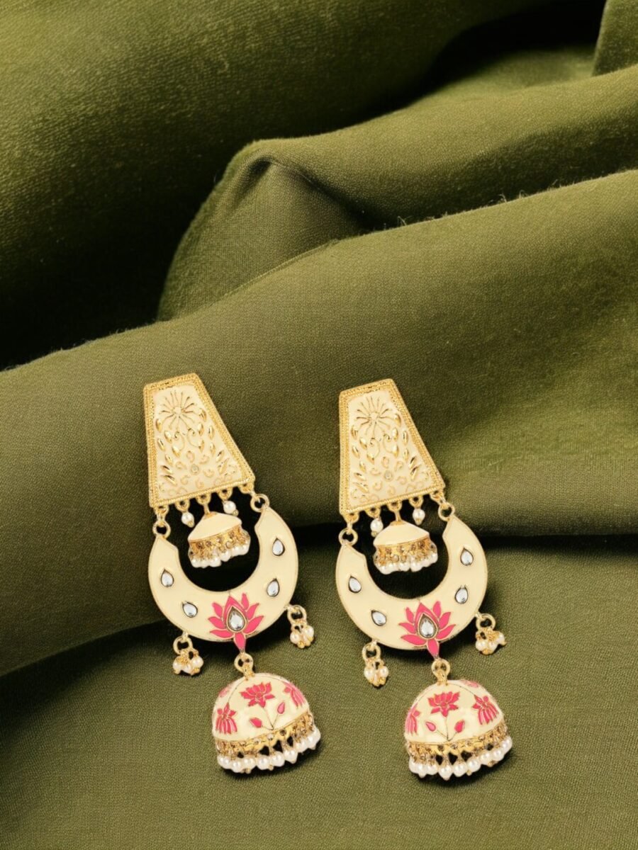 Gold Plated Traditional Designer Jhula Type Meenakari Earring-Onesize-Off White