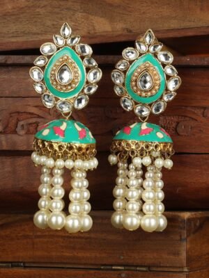 Gold-plated pearls and stone studded Beige meenakari Classic jhumka Earrings