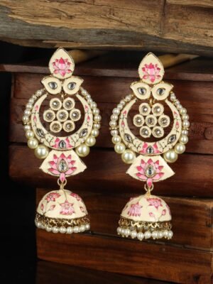 Gold-plated pearls and stone studded Beige meenakari Classic jhumka Earrings