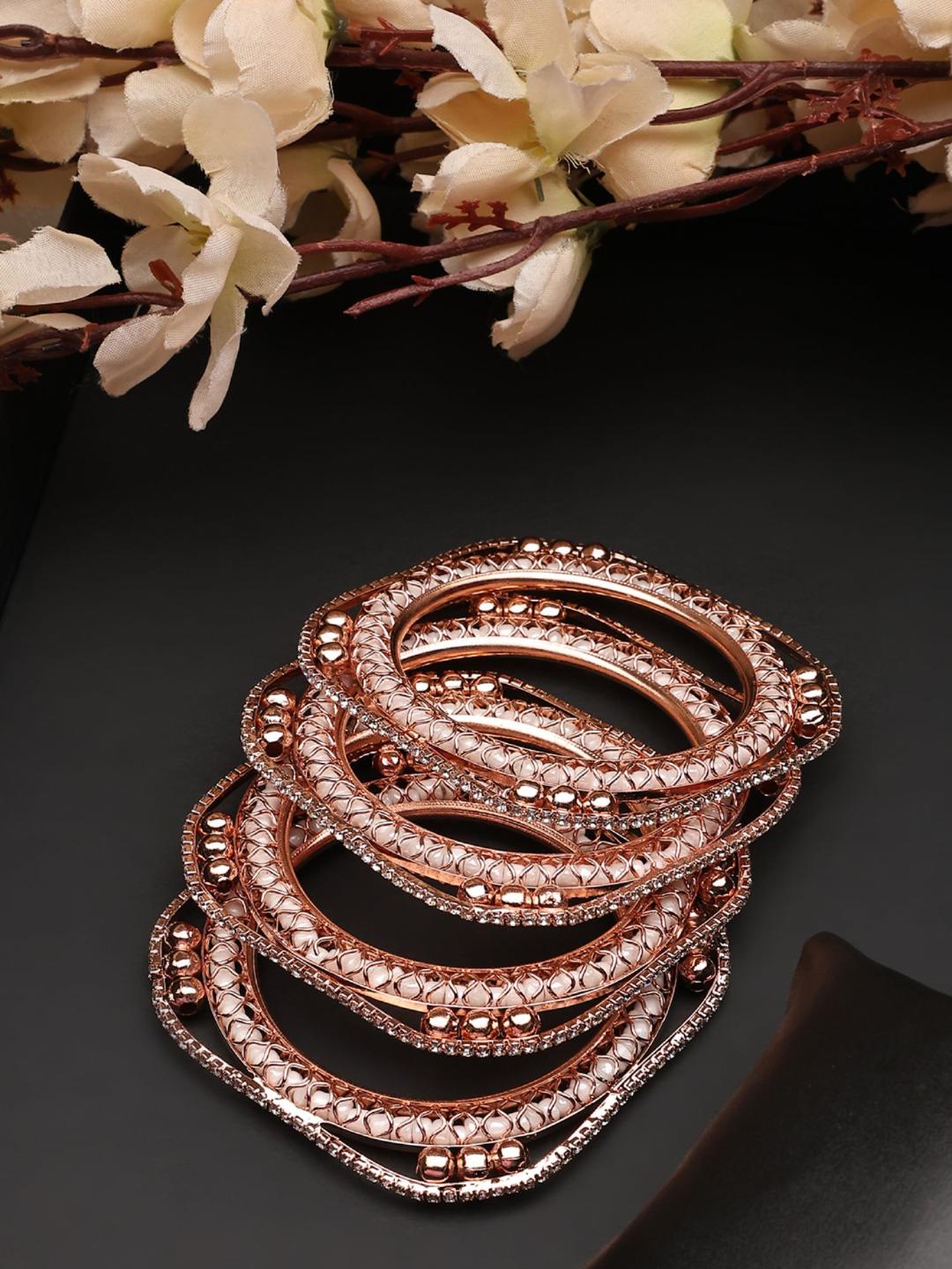 Set of 4 Rose Gold-Plated CZ Stone-Studded Handcrafted Bangle Style Bracelet