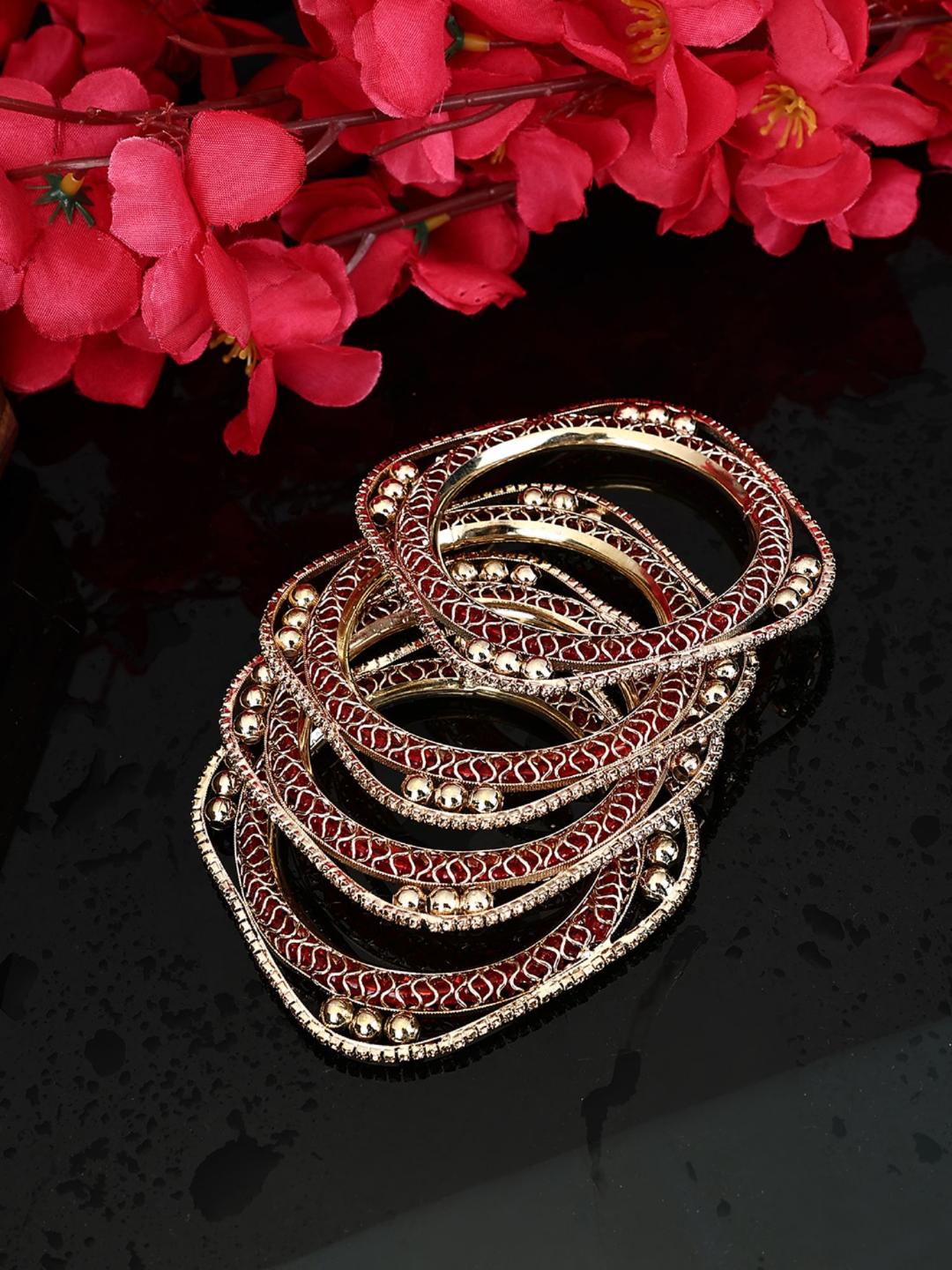Set of 4 Rose Gold-Plated CZ Stone-Studded Handcrafted Square Shape Bangle