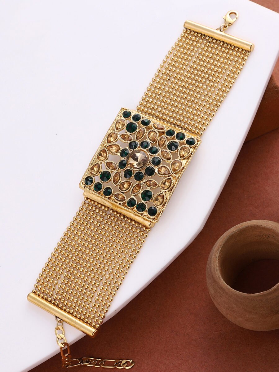 Gold-plated green stones studded broad chain bracelet