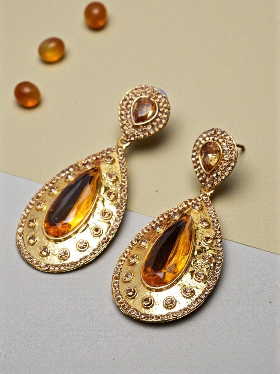 Traditional gold plated cubic zircornia studded brass big stone drop earring