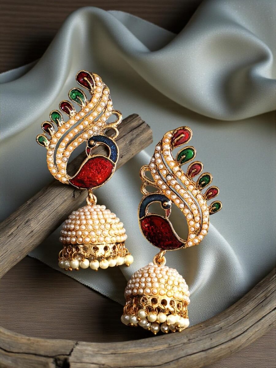 Pearl and Meenakari Work Peacock Motif Designer Jhumka Earring