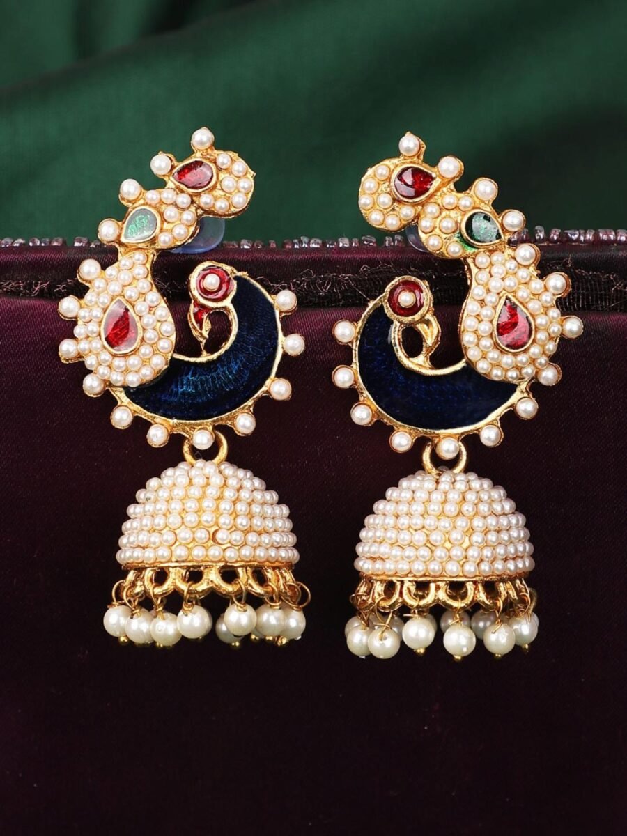 Off-White Peacock Traditional Pearl and Meenakari Brass Jhumka Earring