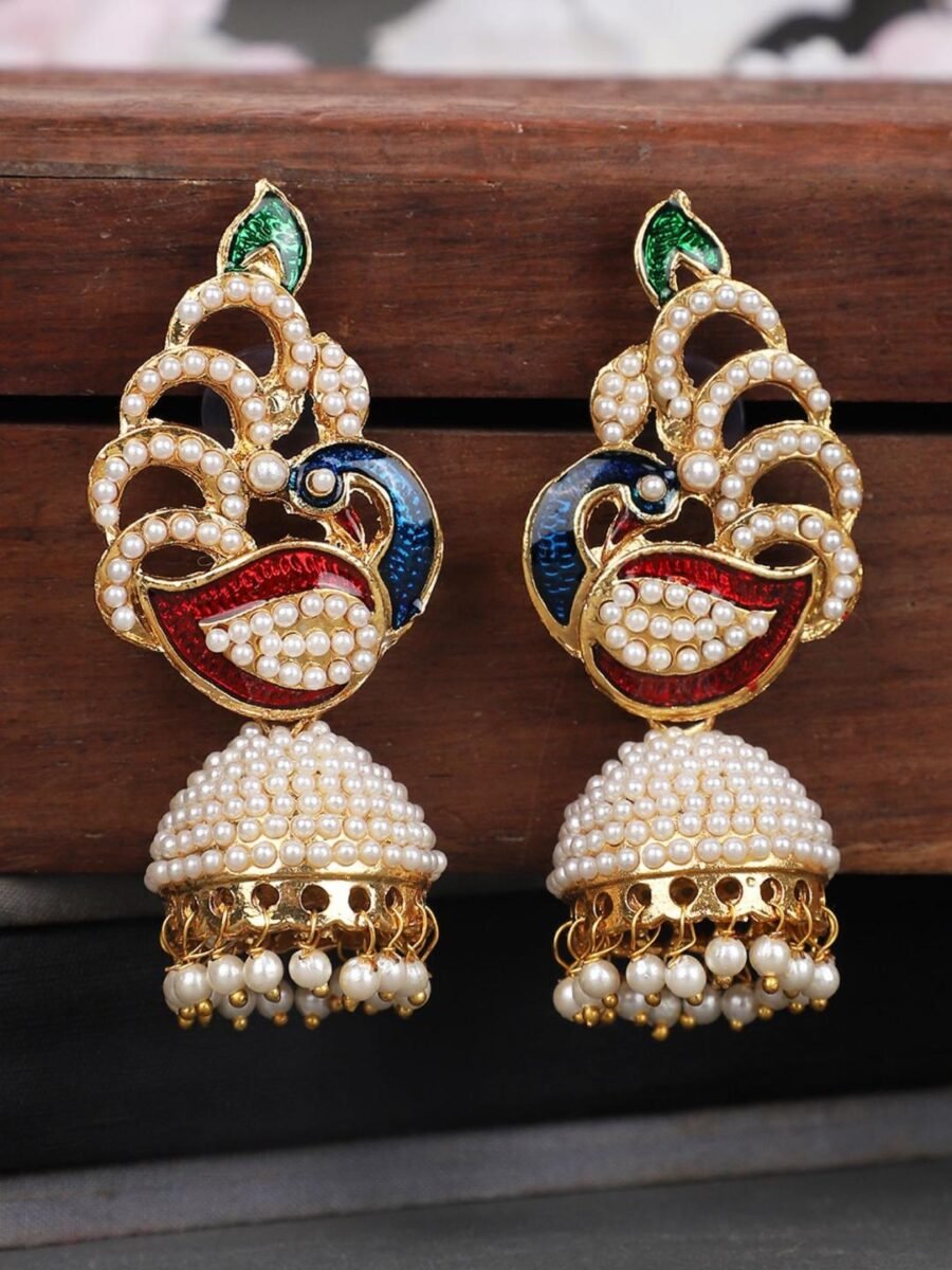 Off-White & Multicolour Meenakari Pearcock Pearl Traditional Brass jhumka Earring