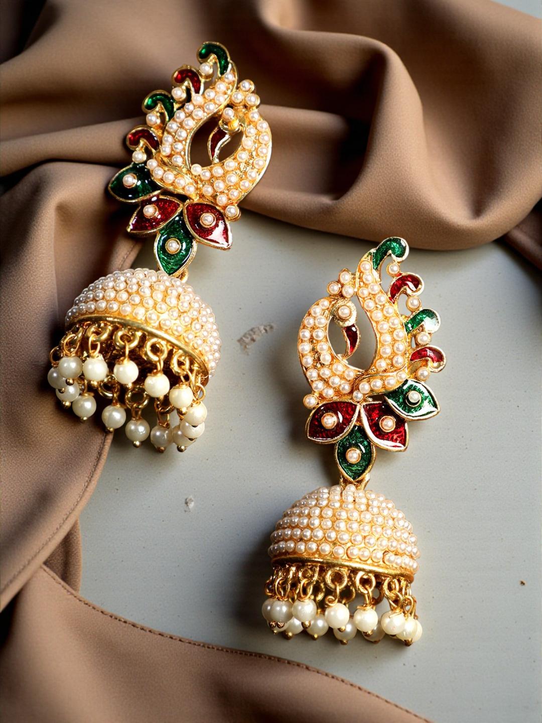 Pearl Peacock With Multicolour Meenakari feathers Fashionable Jhumka Earring
