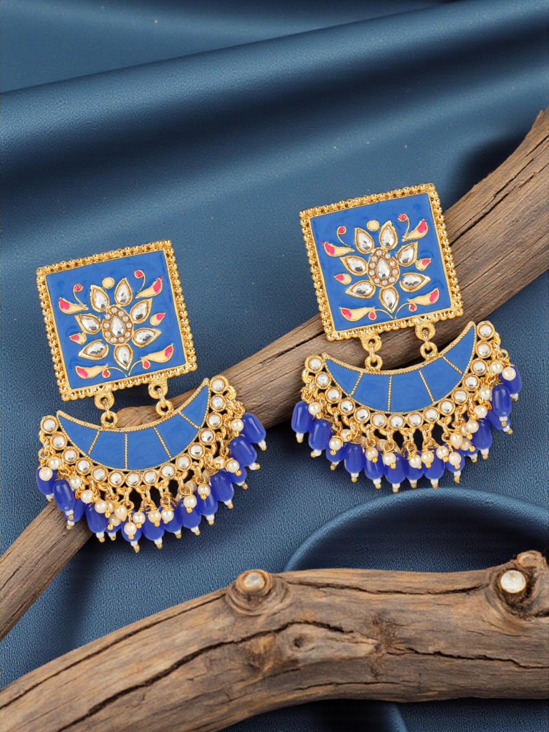 Gold Plated Traditional Square Jhula Type Meenakari Earring-Onesize-Blue