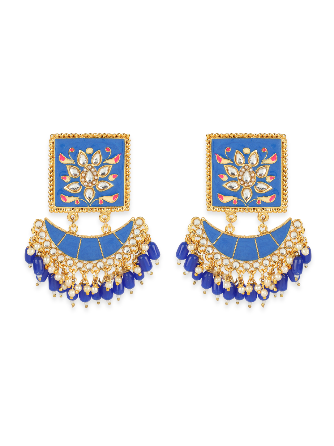 Gold Plated Traditional Square Jhula Type Meenakari Earring-Onesize-Blue - Image 3