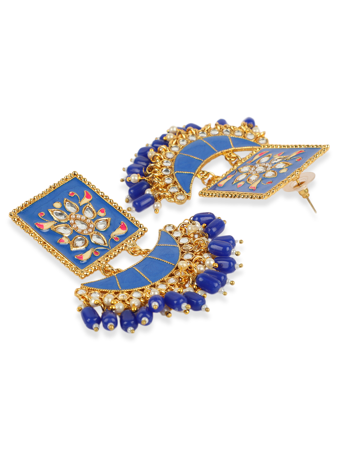 Gold Plated Traditional Square Jhula Type Meenakari Earring-Onesize-Blue - Image 2