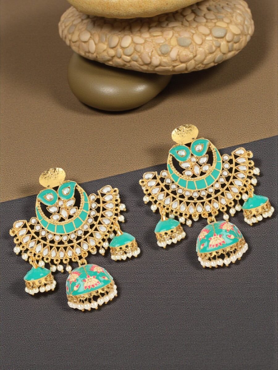Gold Plated Traditional Square Jhula Type Meenakari Jhumka Earring-Onesize-Green