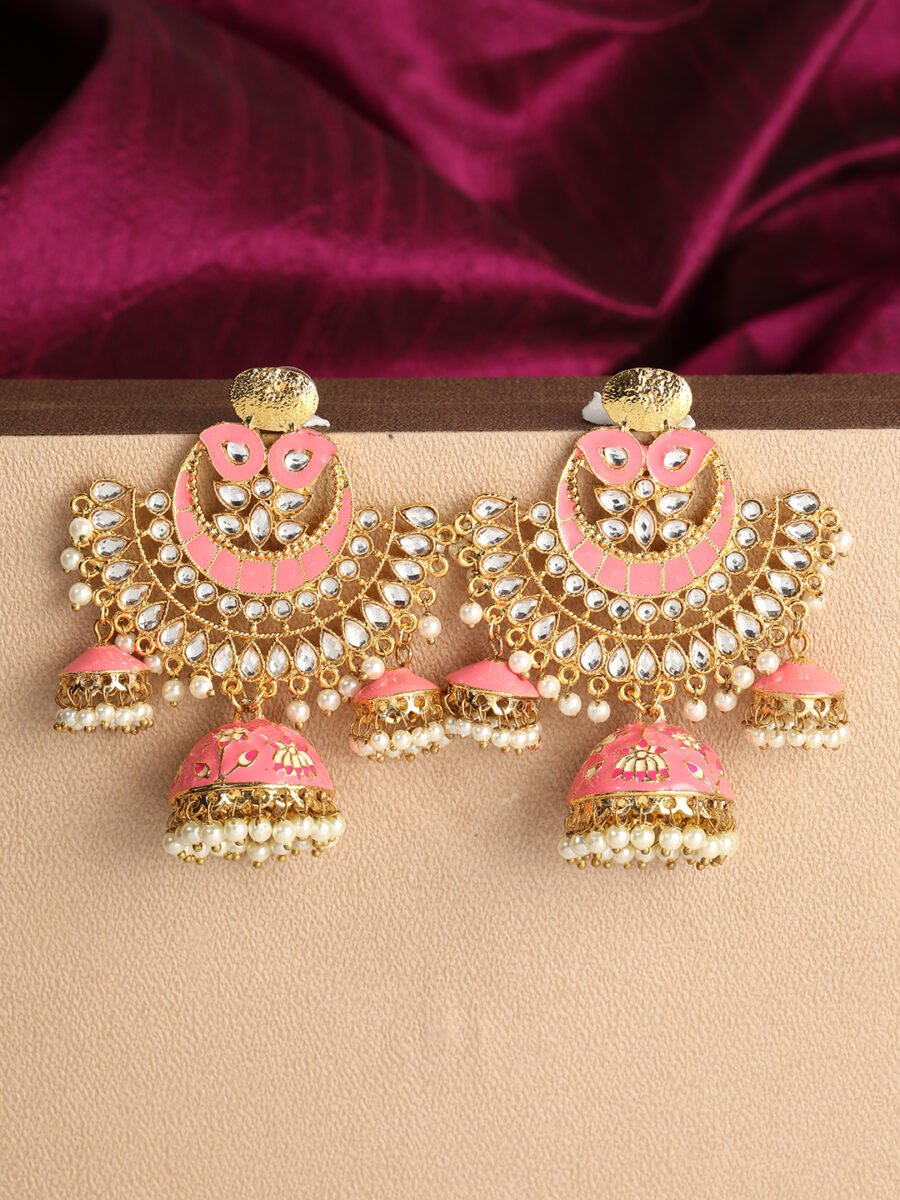 Gold Plated Traditional Square Jhula Type Meenakari Jhumka Earring-Onesize-Pink