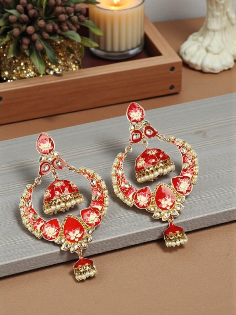 Gold-plated pearls and stone studded Beige Classic meenakari chandbaali Earrings