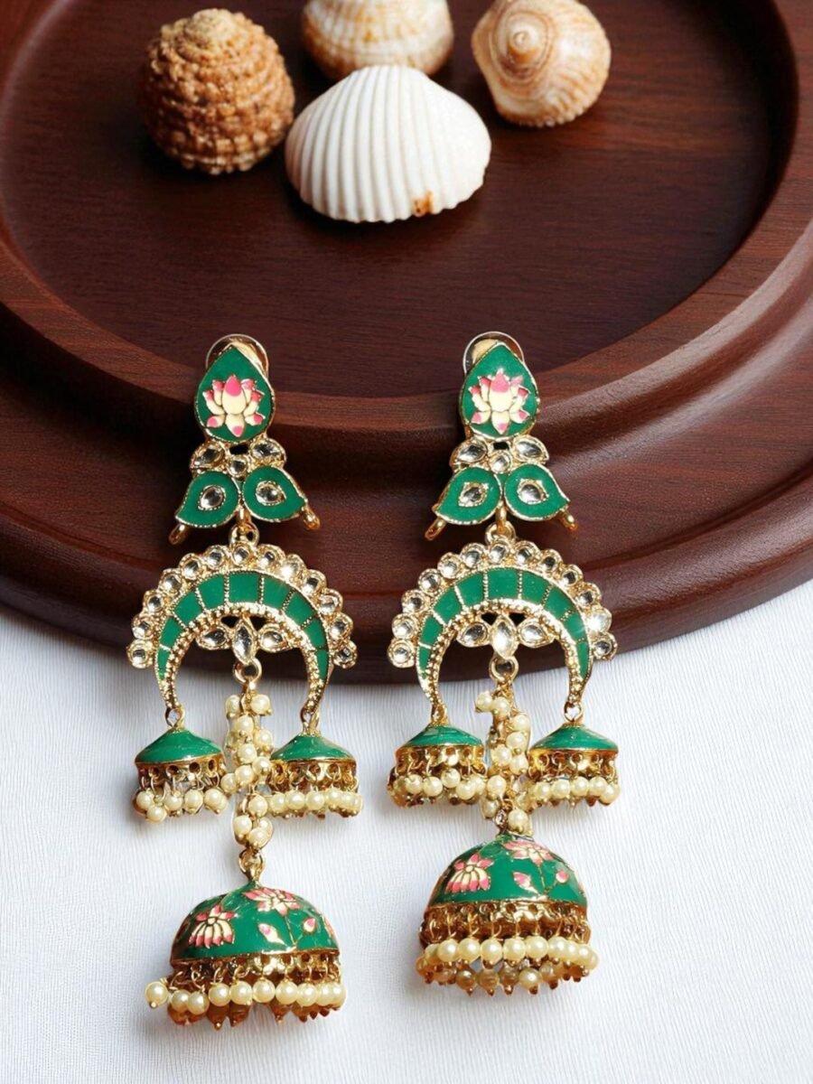 Gold plated stone studded & beaded Enamell meenakari drop jhumka earring