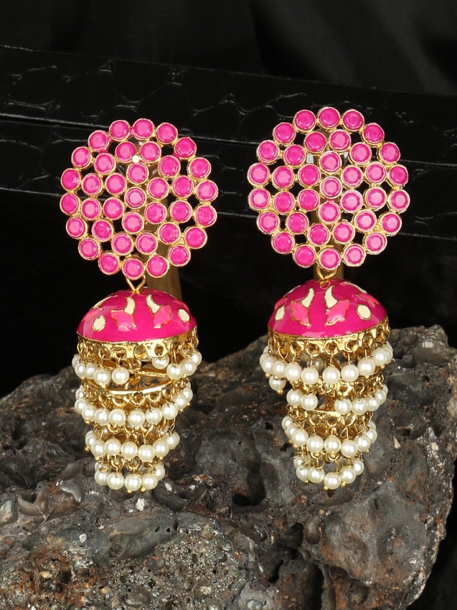 Gold plated stone studded & beaded Enamell meenakri drop jhumka earring